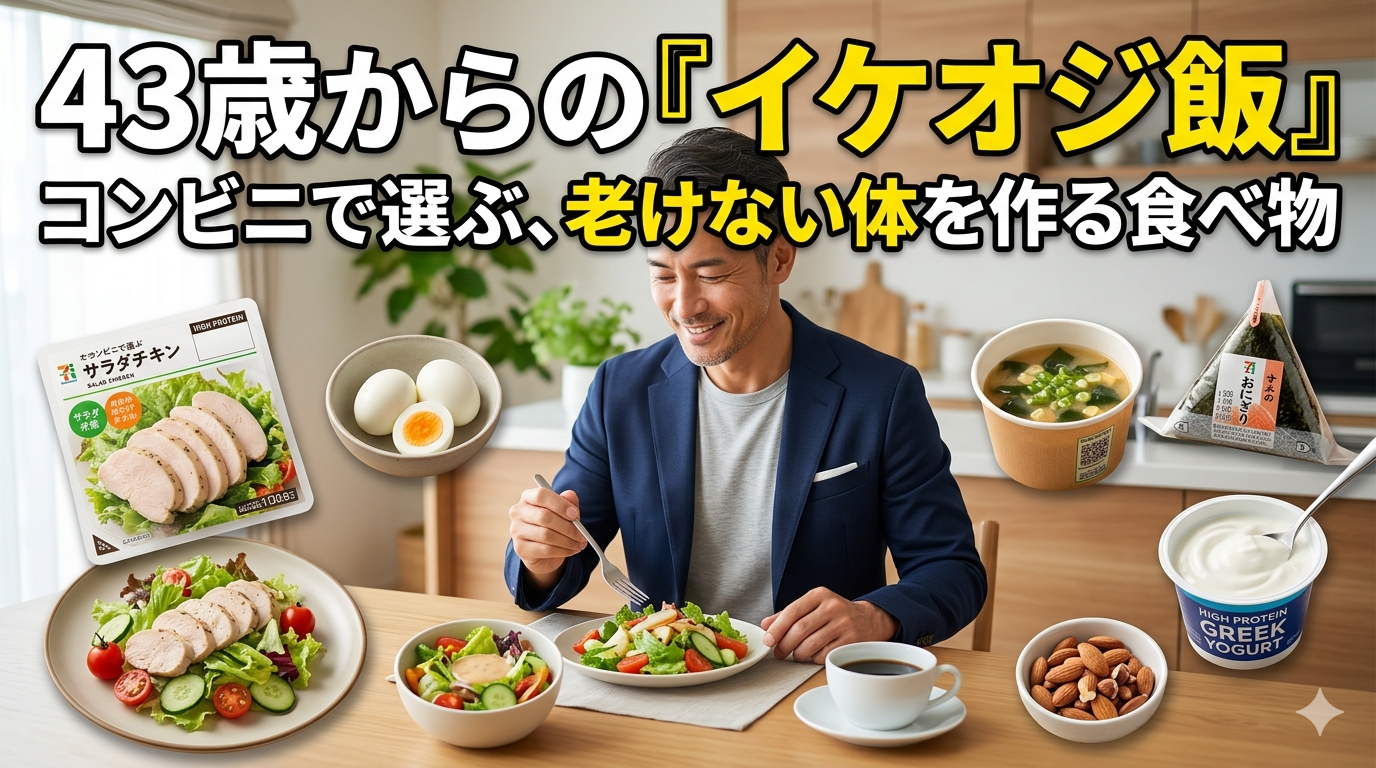 40代のダイエットに最適なコンビニの健康的な食事メニュー。サラダチキンやゆで卵など高タンパクな食材のイメージ。