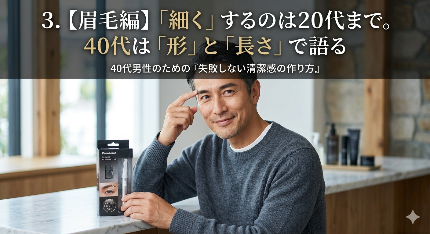 鏡の前で眉毛と鼻毛を整え、清潔感を確認する40代メンズ。エチケットカッターとグルーミングの様子。