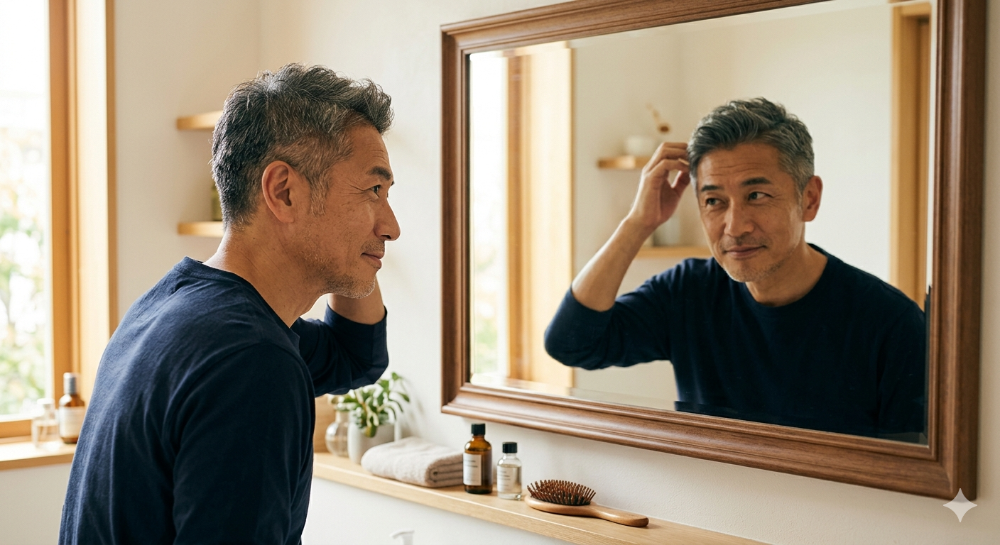 鏡の前で自分の髪と向き合い頭皮ケアを意識する40代男性。スカルプケアと正しいシャンプーのイメージ。