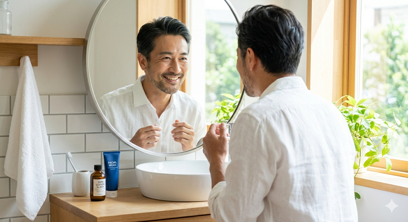 40代男性が清潔感を手に入れイケオジになるための3ステップロードマップのイメージ画像。大人の自分磨きの象徴。