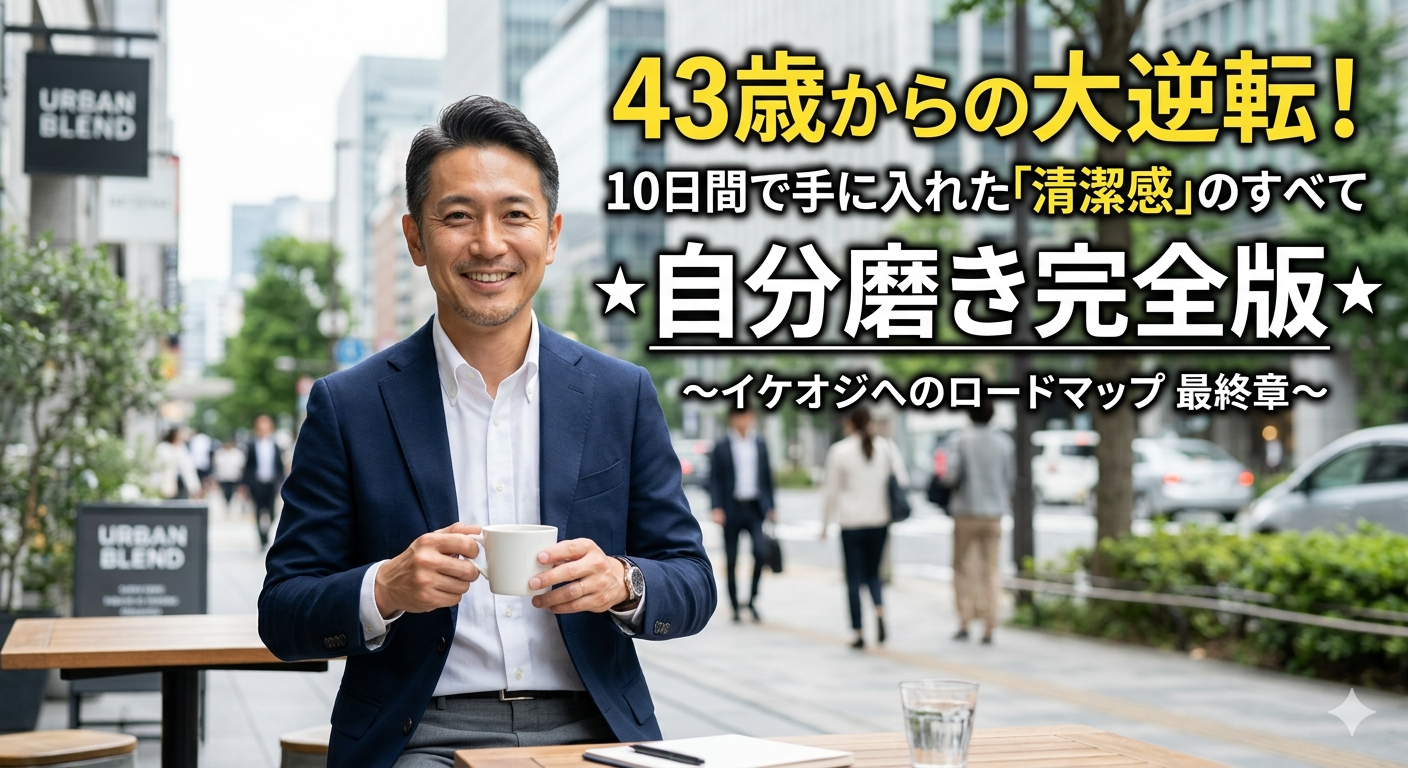 43歳から10日間で清潔感を手に入れイケオジへと変化した集大成。前向きに未来を見つめる40代男性のイメージ画像。