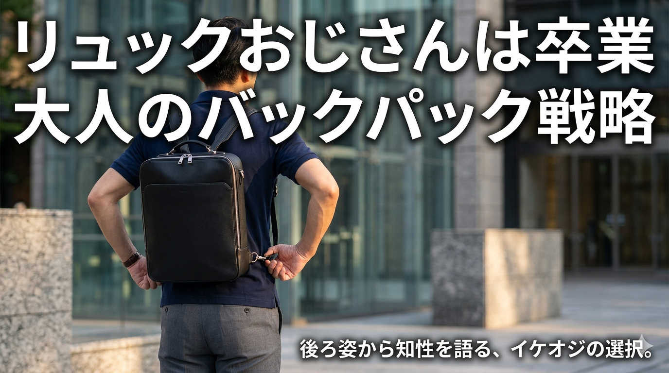 洗練された都会のオフィス街で、高級感のあるミニマルなスクエア型バックパックをスマートに背負い、知的な後ろ姿と圧倒的な品格を放つ40代のイケオジ男性。大人のリュック戦略のイメージ。