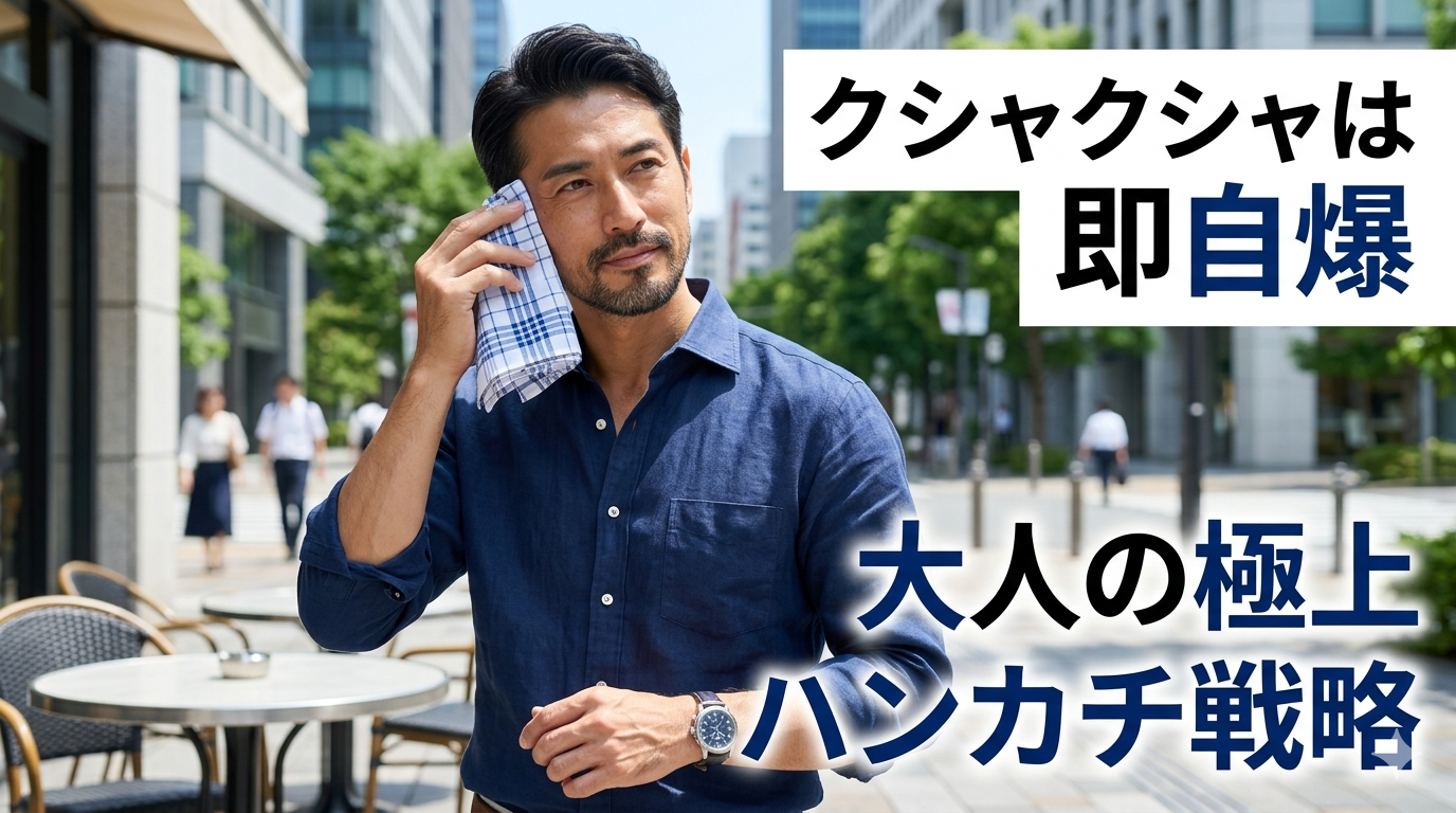 夏の爽やかな光が降り注ぐ中、シワひとつない端正なブランドハンカチをサッとスマートに取り出し、圧倒的な清潔感と大人の品格を漂わせる40代のイケオジ男性。大人のハンカチ戦略のイメージ。