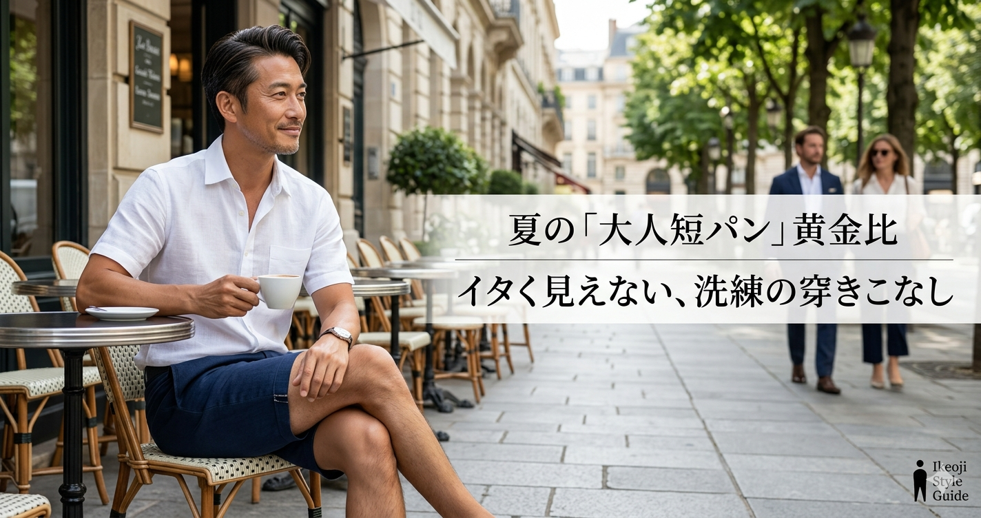 洗練された街並みのカフェテラスで、リネンシャツと美しいシルエットのネイビーのショートパンツを上品に穿きこなす40代のイケオジ男性。大人のショーツスタイルのイメージ。