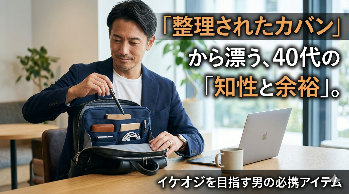 カフェのデスクで整理されたバッグインバッグからスマートにペンを取り出す、知的な40代のイケオジ男性。大人のカバン整理術のイメージ。