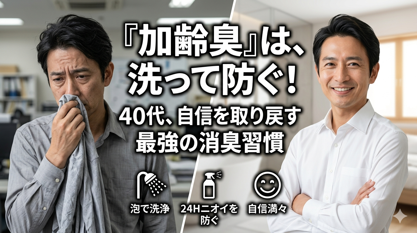 シャワーで体を洗い流し、加齢臭をリセットして爽やかな表情を見せる40代男性のイメージ画像。