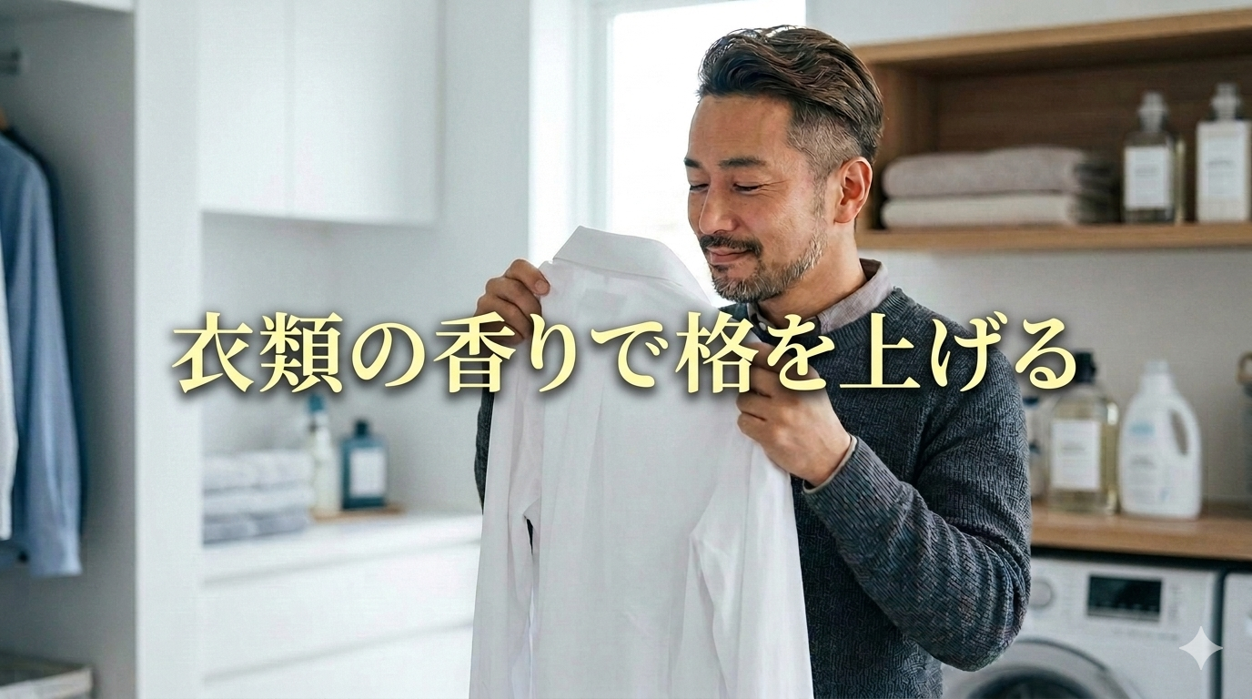 上質な香りのシャツを手に取り、清潔感あふれるオーラをまとう40代のイケオジ男性。大人の柔軟剤・衣類ケア戦略のイメージ。