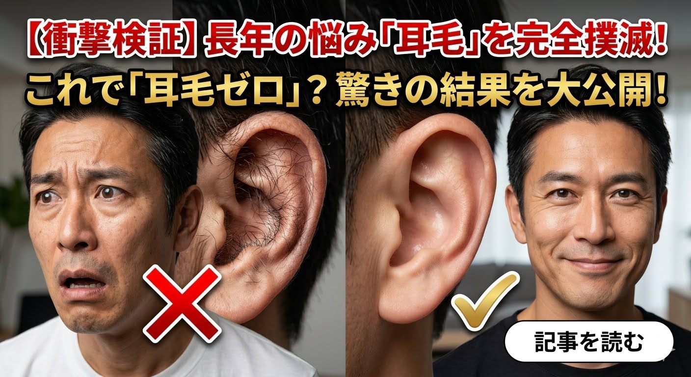 自分では見えにくい耳毛まで完璧にケアし、至近距離でも隙のない清潔感を手に入れた40代男性。専用シェーバーやワックスの紹介。