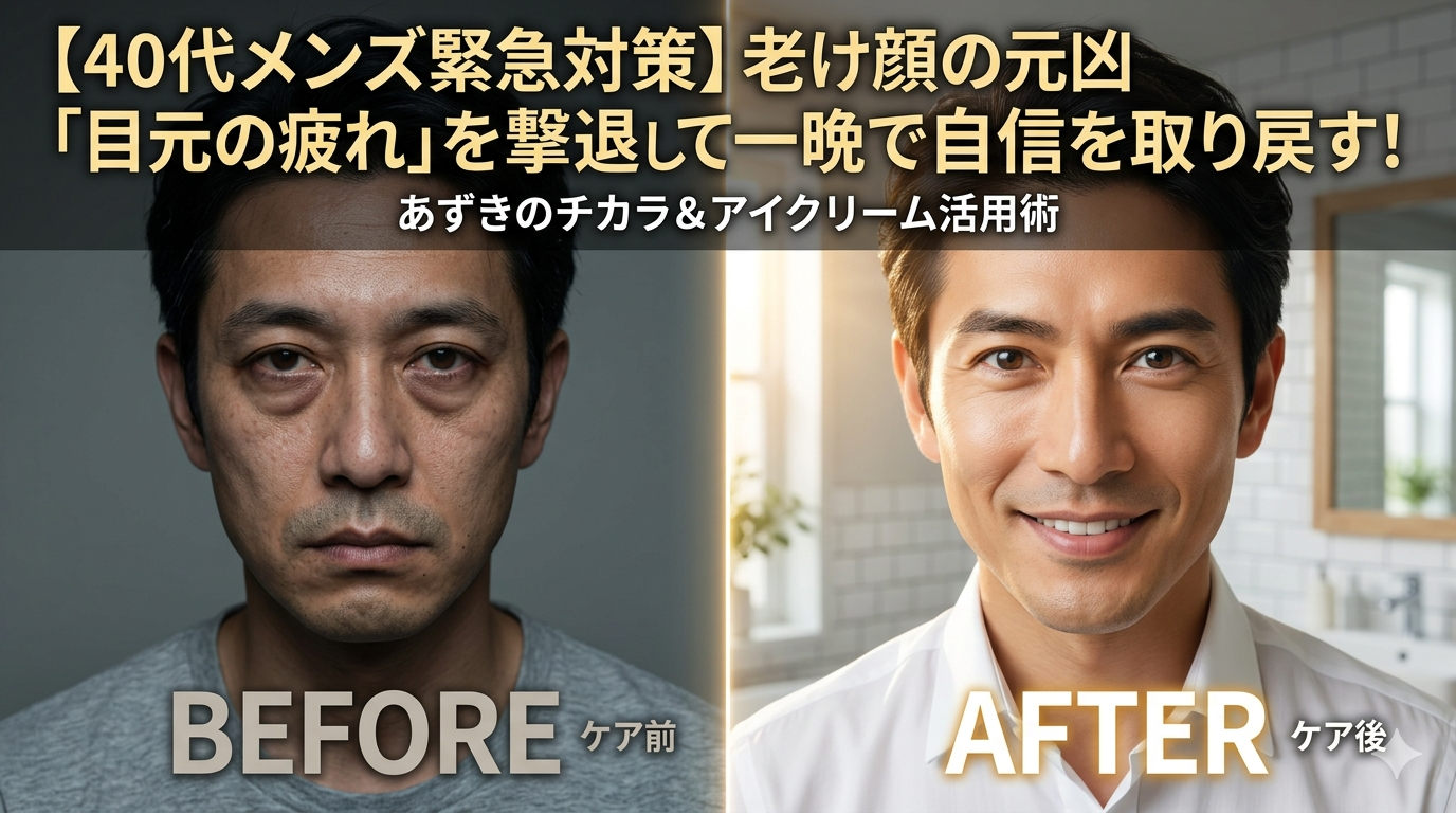 目元ケアで眼精疲労を解消し、自信に満ちた眼差しを取り戻した40代男性のイメージ画像。