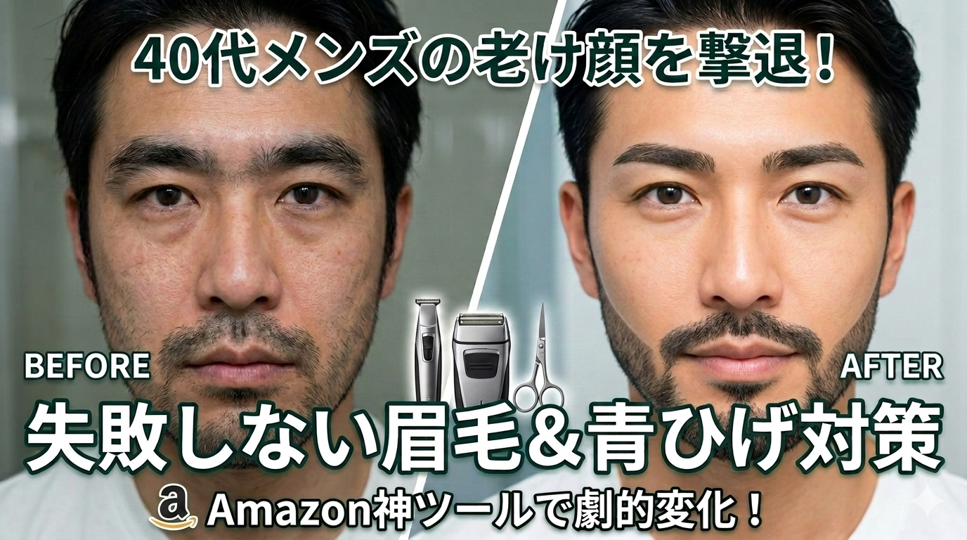 メンズシェーバーで眉毛とひげをスマートに整え、劇的に清潔感と精悍さが増した40代男性のイメージ画像。