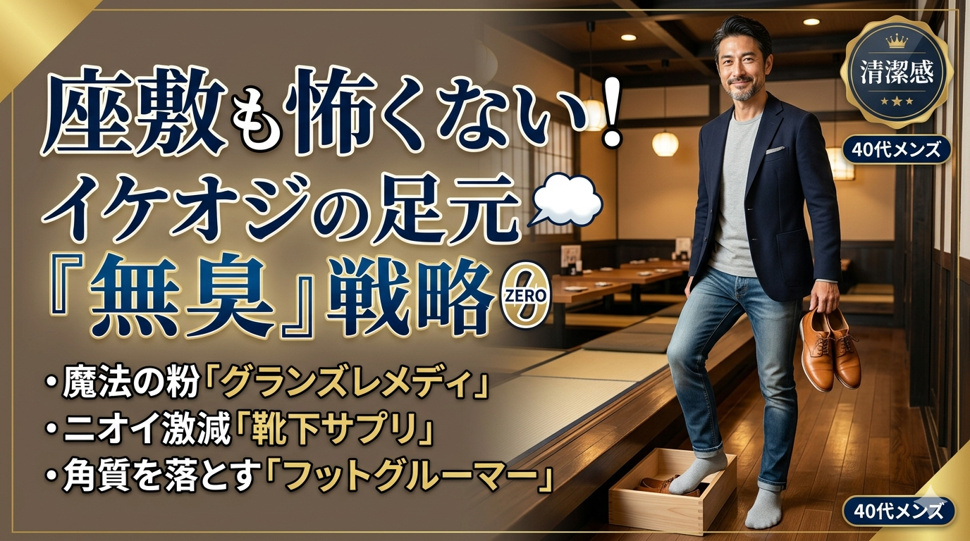 清潔感のある足元で、自信を持って座敷へ上がる40代男性のイメージ画像。