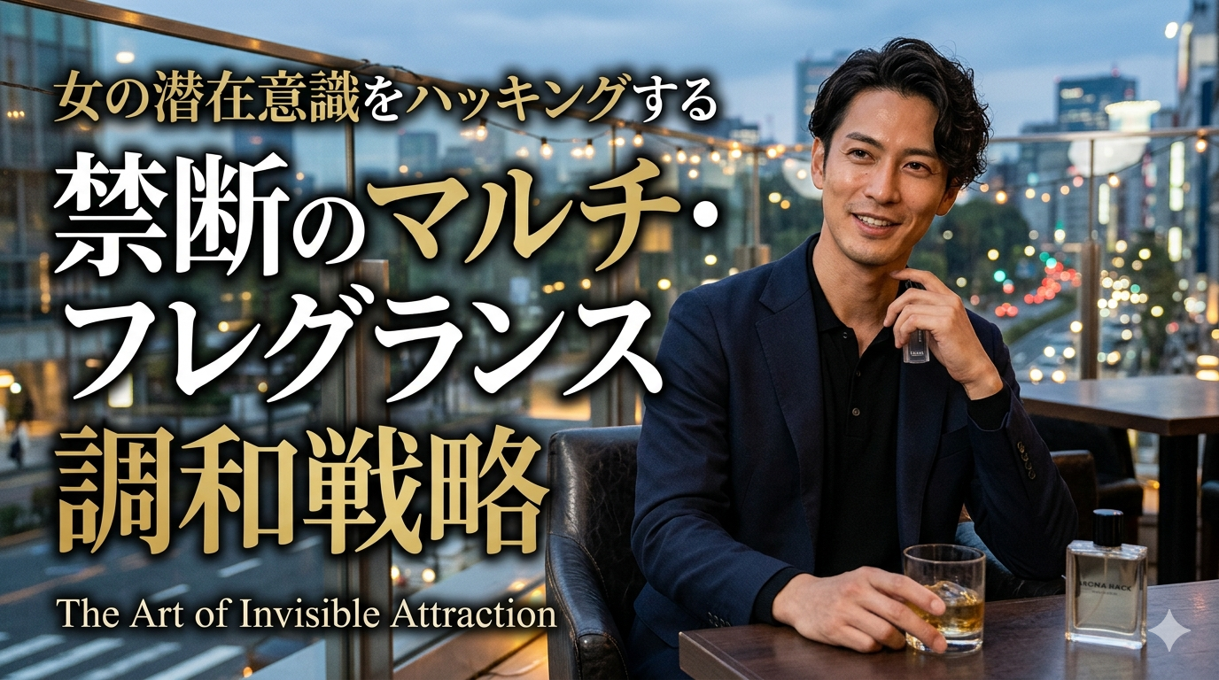 夜の洗練されたラウンジで、微かに漂う上質なサボンの香りを纏い、圧倒的な清潔感と知的な余裕で周囲を魅了する40代のイケオジ男性。大人のフレグランス調和戦略のイメージ。