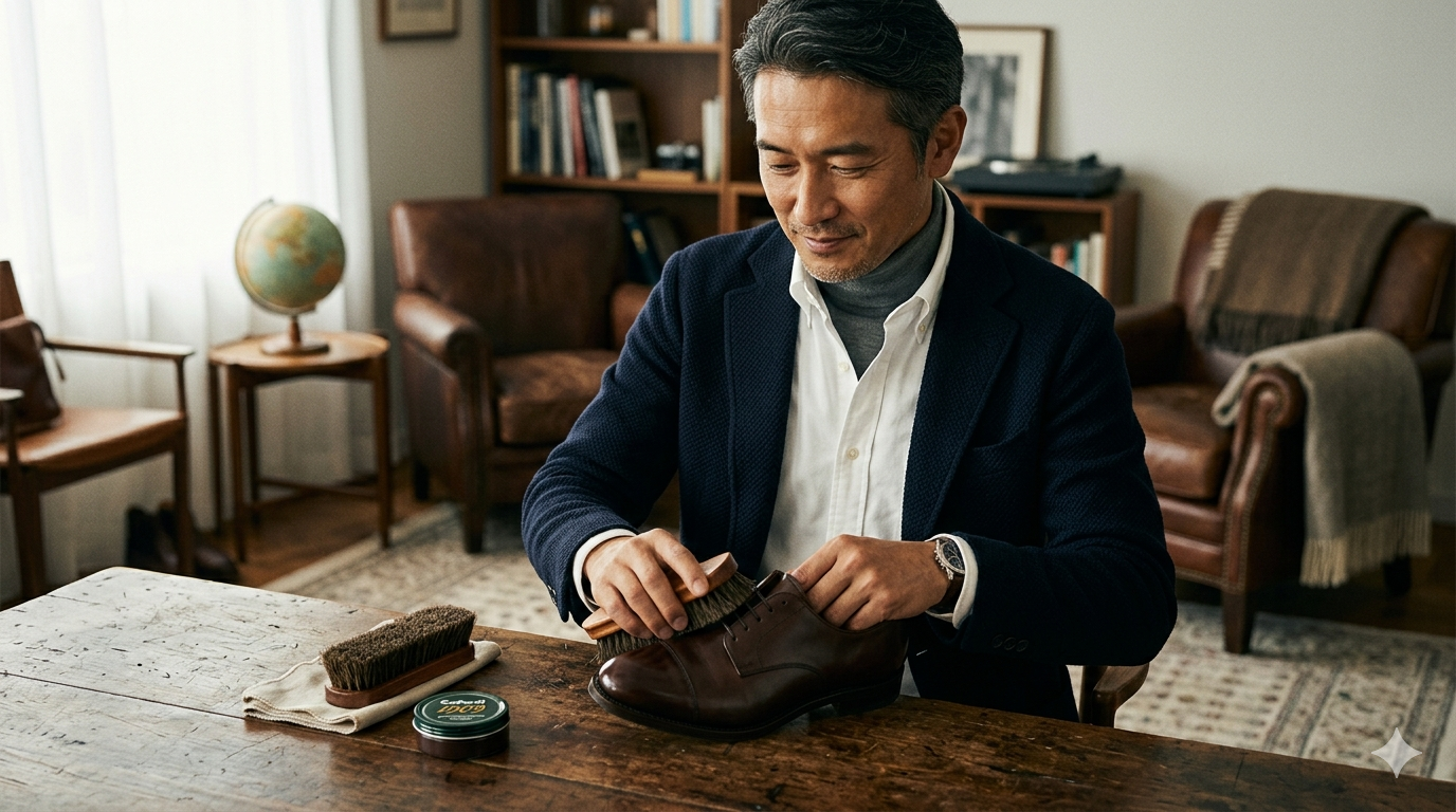 アンティーク調の落ち着いた書斎で、穏やかな表情を浮かべながら革靴を丁寧にブラッシングする40代のイケオジ男性。大人の持ち物メンテナンスのイメージ。