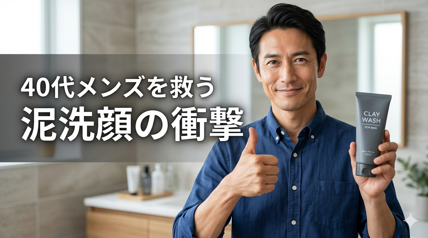 泥洗顔で毛穴ケアを行い、清潔感あふれる肌になった40代男性。バルクオムやNILEなどの洗顔料。
