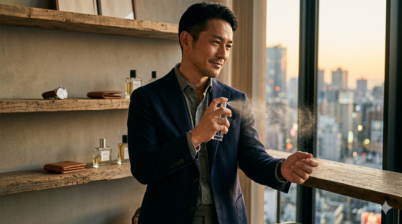 「香水をまとう40代男性のアイキャッチ画像。清潔感と大人の身だしなみをイメージ」