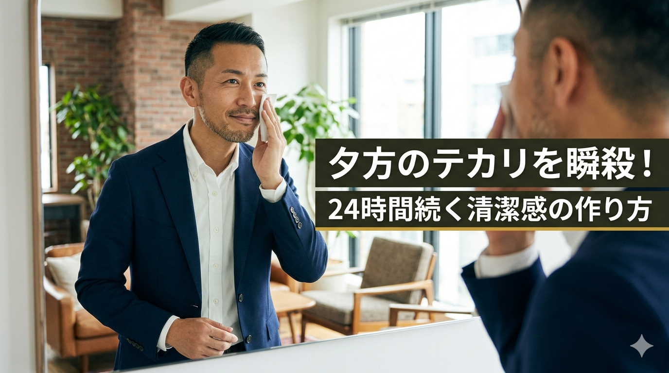 ギャツビーのフェイシャルペーパーでスマートにテカリを抑え、清潔感を維持する40代のイケオジ男性。外出先での身だしなみリセット。