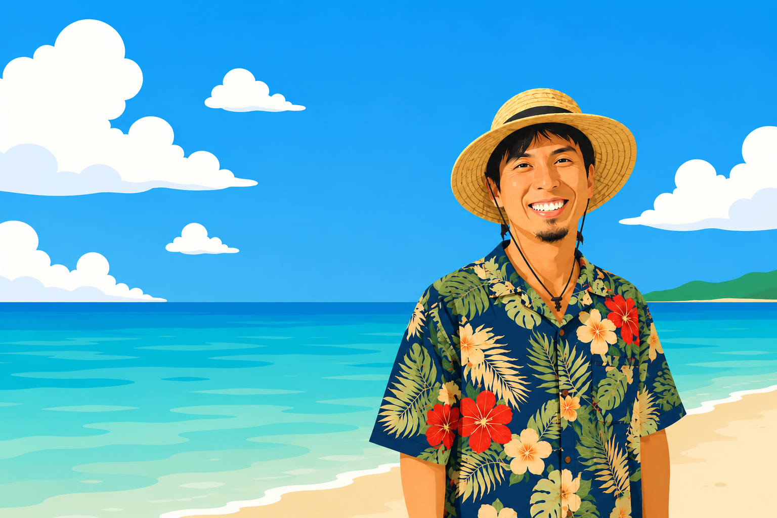 沖縄の海の前で笑顔を浮かべる43歳の日本人男性。イケオジ・ロードマップ運営者のイメージ。
