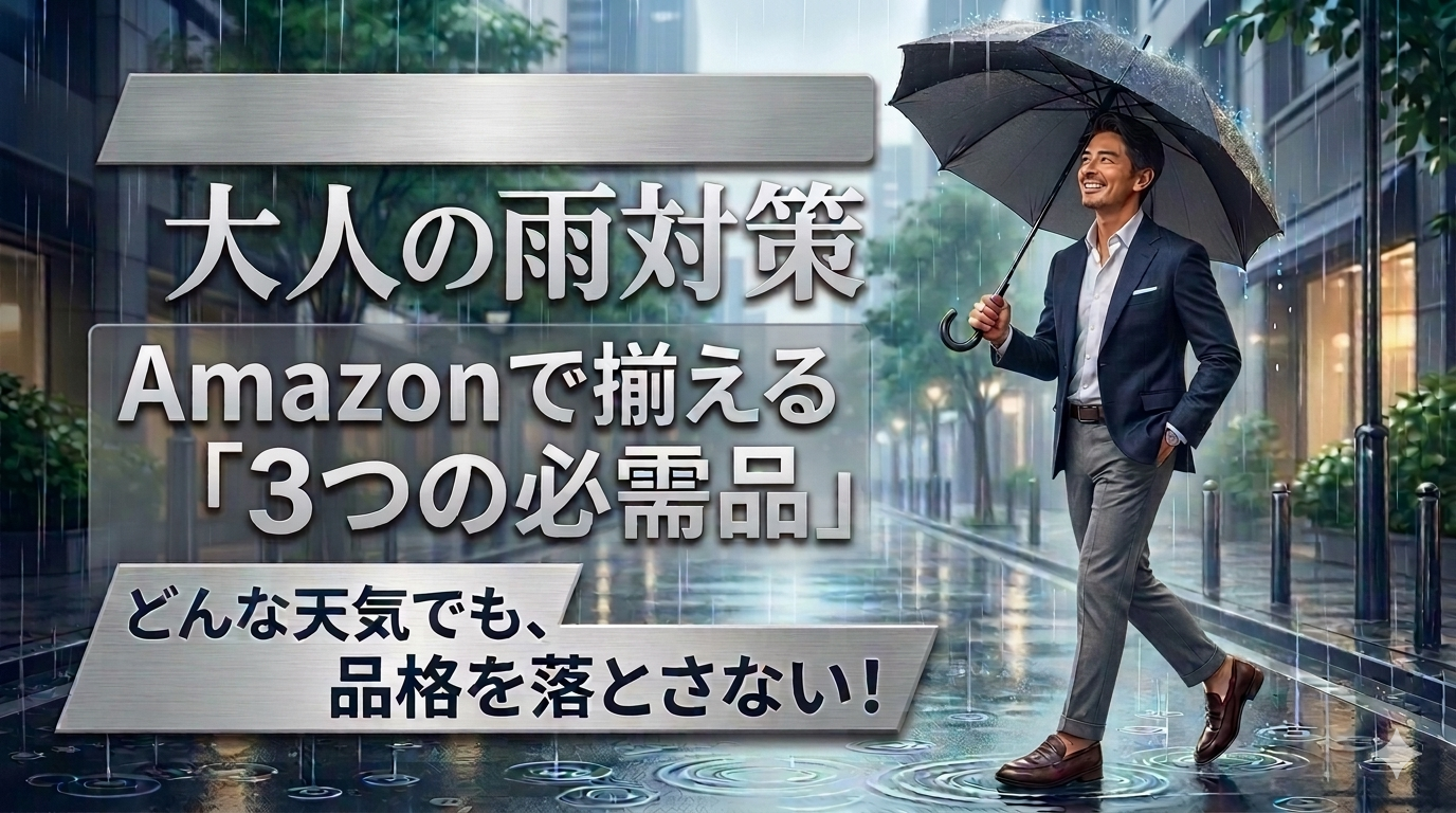 雨の日も上質な傘を差し、手入れされた靴で颯爽と歩く清潔感のある40代男性 と設定すると完璧です。