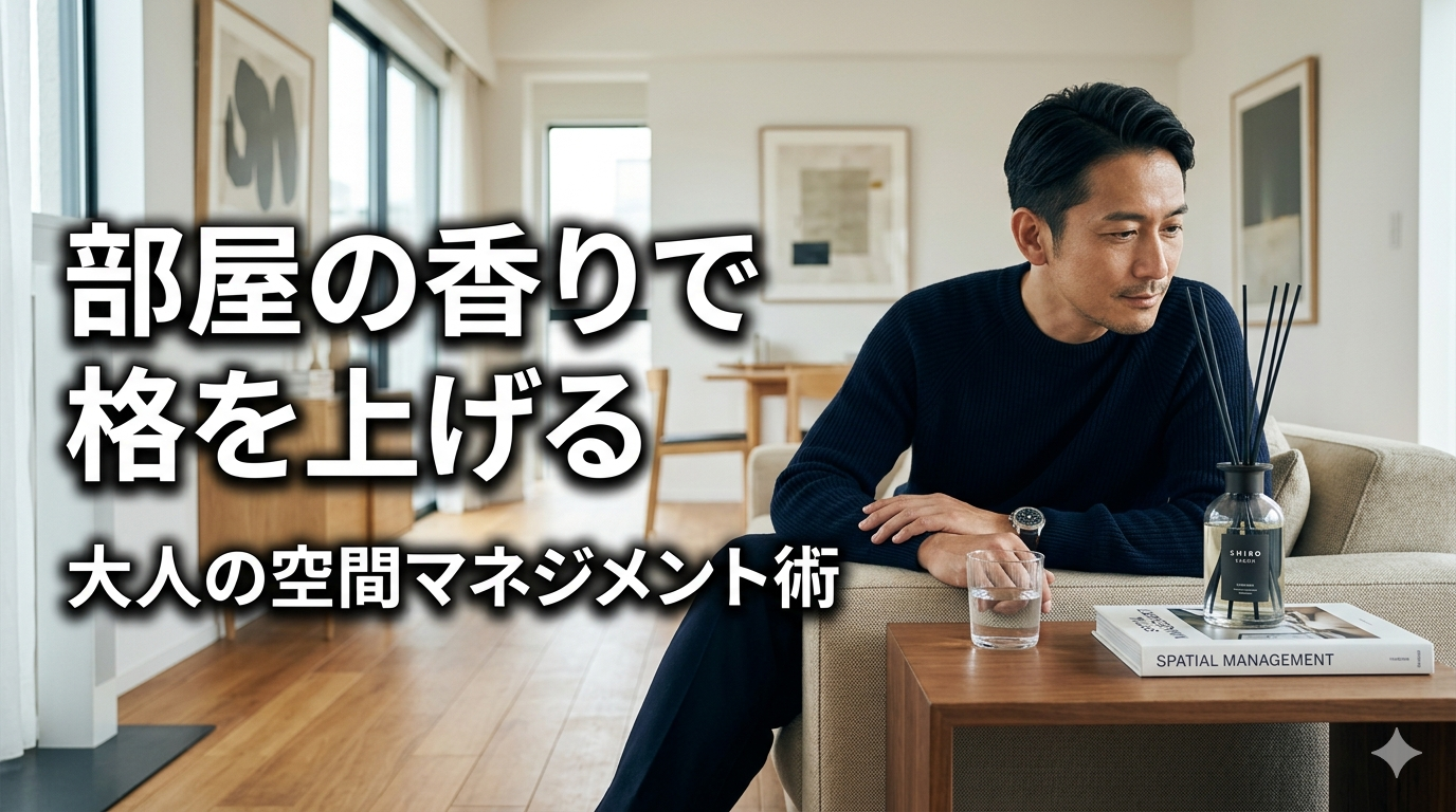 洗練されたモダンなリビングで、上質なルームフレグランスの香りに包まれながらリラックスする、知的な40代のイケオジ男性。大人の空間マネジメント術のイメージ。