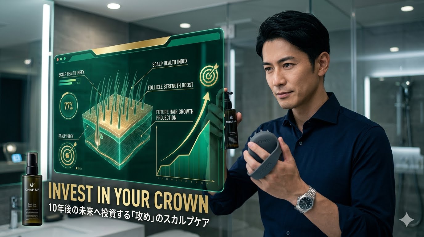 鏡の前で自分の髪のハリとコシを確認し、自信に満ちた表情を見せる40代男性。スカルプケアの重要性。