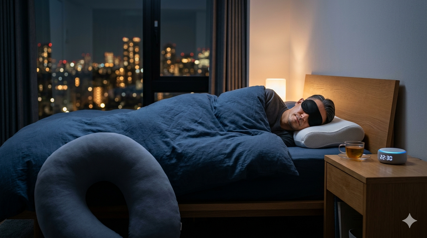 上質な枕で深く眠り、翌朝スッキリと目覚めて鏡の前で自信に満ちた表情を見せる40代男性。快眠アイテムの紹介。