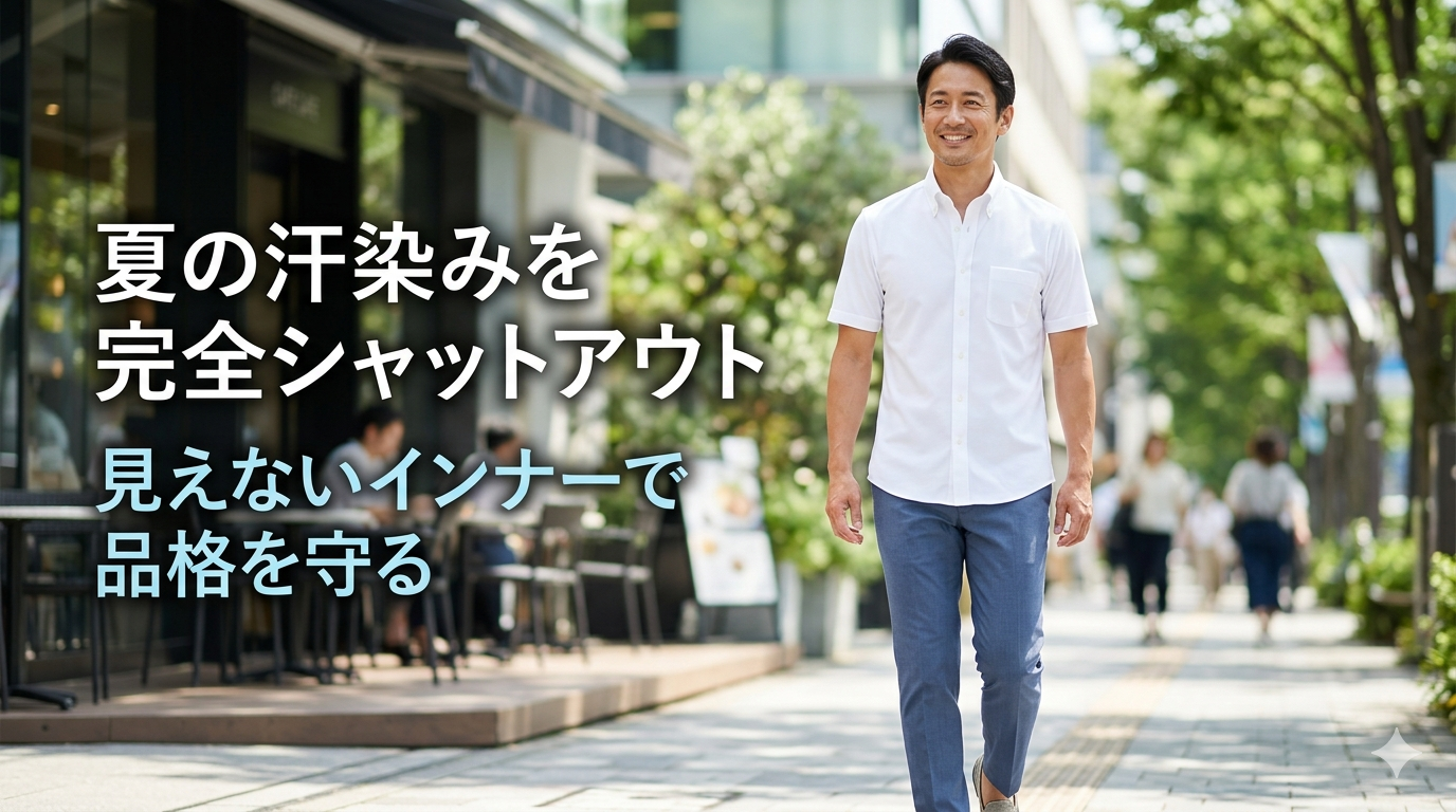 夏の強い日差しの中、汗染みや下着の透けが一切ない清潔な白シャツをスマートに着こなして歩く40代のイケオジ男性。グンゼのインナー戦略のイメージ。
