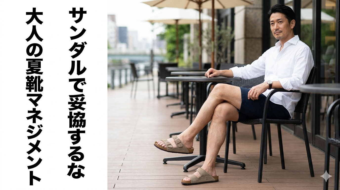 夏の爽やかな光が降り注ぐ中、スエードレザーの上質なビルケンシュトックのサンダルをスマートに履きこなし、圧倒的な清潔感と大人の余裕を放つ40代のイケオジ男性。大人の夏靴戦略のイメージ。