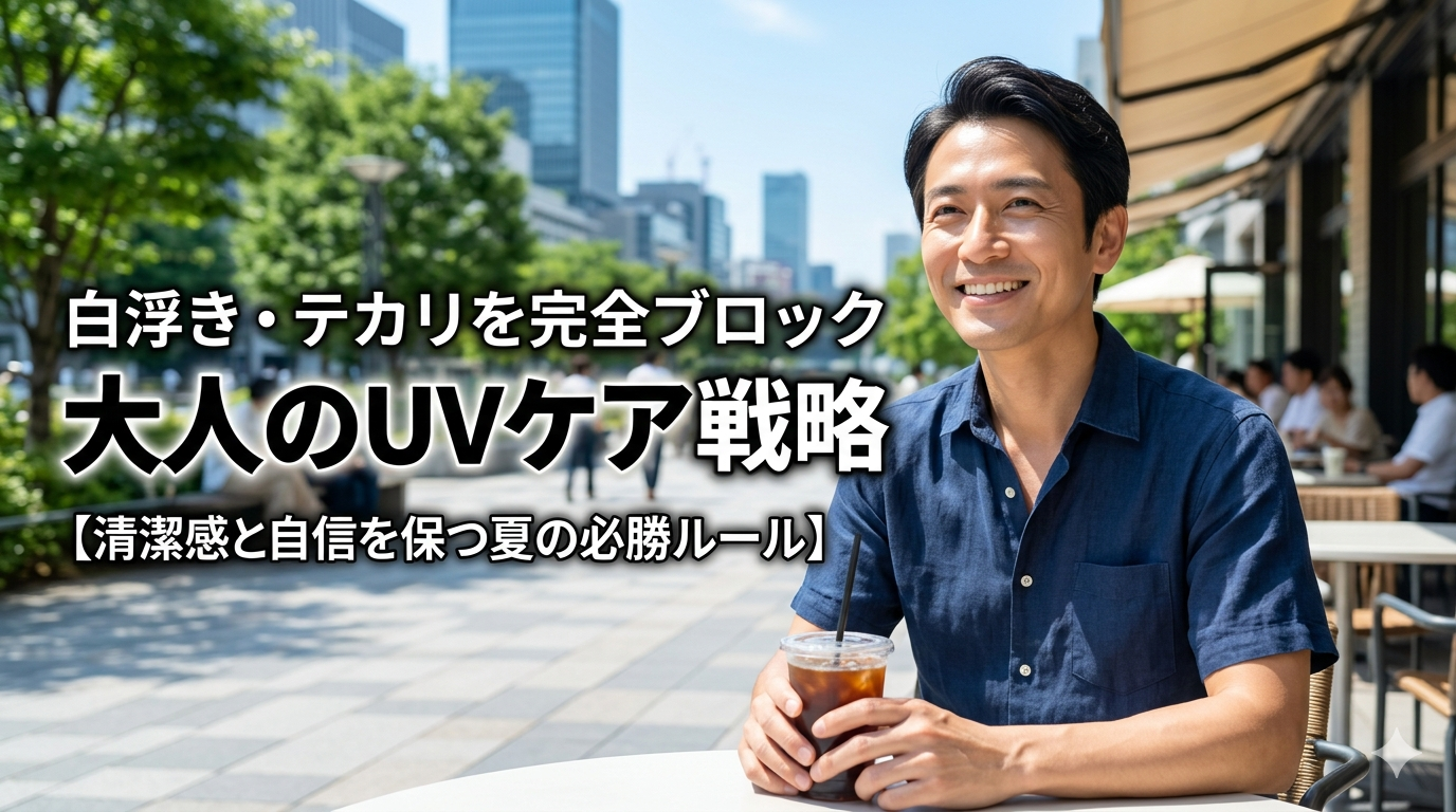 夏の強い日差しの中、テカリや白浮きが一切ない精悍で爽やかな肌で、涼しげに微笑む40代のイケオジ男性。ニベアメンのUVプロテクター紹介。
