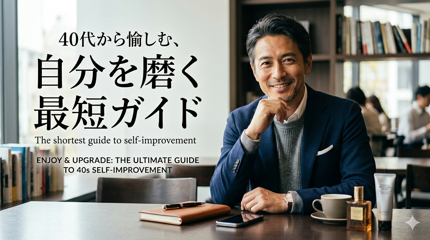 明るい光が差し込む部屋で、リラックスした表情を浮かべながら、自分を磨く時間を愉しむ洗練された40代の男性。イケオジへの最短アップデートガイドのイメージ。
