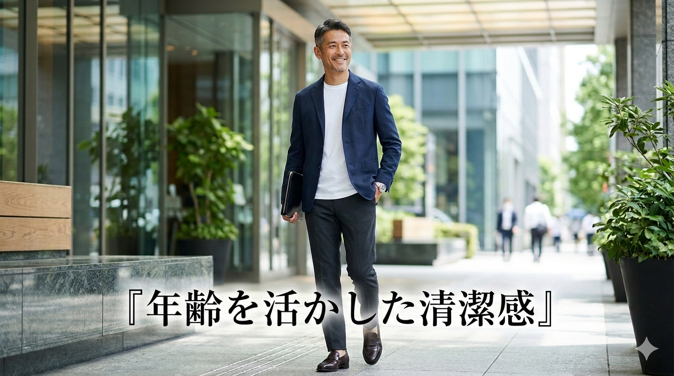 初夏の爽やかな光が降り注ぐ都会の洗練されたモダンな街並みを背景に、若作りの痛々しさを1ミリも感じさせない、自らの年齢に完璧に調和した極上のシャツスタイルをスマートにまとい、圧倒的な清潔感と渋みのある知的な大人の品格を放つ40代のイケオジ男性。年相応の清潔感戦略のイメージ。