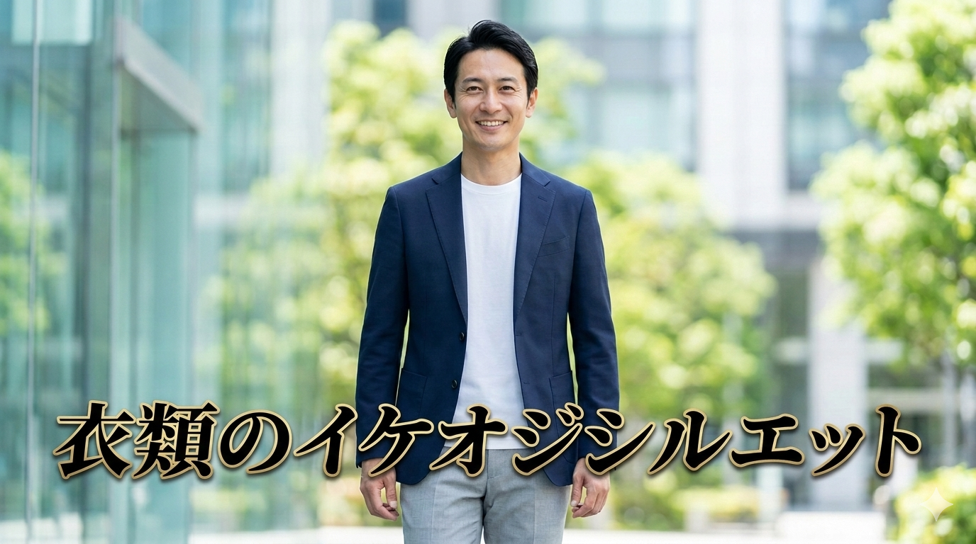 初夏の爽やかな光が降り注ぐ都会の洗練された街並みを背景に、パツパツ感やダボダボ感が1ミリもない、肩幅やお腹周りが完璧にジャストフィットした現代的なシャツとスーツスタイルをスマートにまとい、圧倒的な清潔感と知的な大人の品格を放つ40代のイケオジ男性。大人の服サイズ感戦略のイメージ。