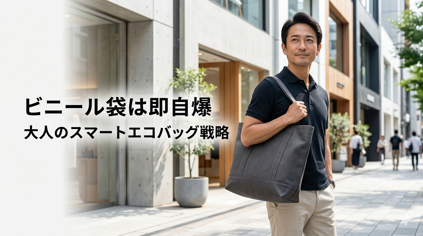洗練された都会の街並みを背景に、光沢を抑えたマットな質感の名作エコバッグをスマートに肩に掛け、圧倒的な清潔感と大人の品格を漂わせる40代のイケオジ男性。大人のエコバッグ戦略のイメージ。