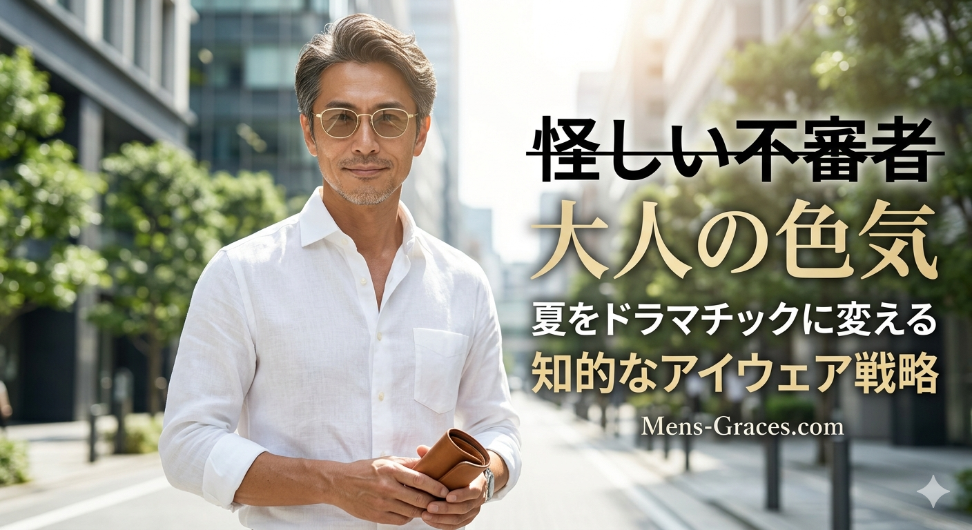 夏の爽やかな光が降り注ぐ中、目元が微かに透ける洗練されたライトカラーのメタルフレームサングラスをスマートにかけ、圧倒的な清潔感と大人の品格を漂わせる40代のイケオジ男性。大人のアイウェア戦略のイメージ。