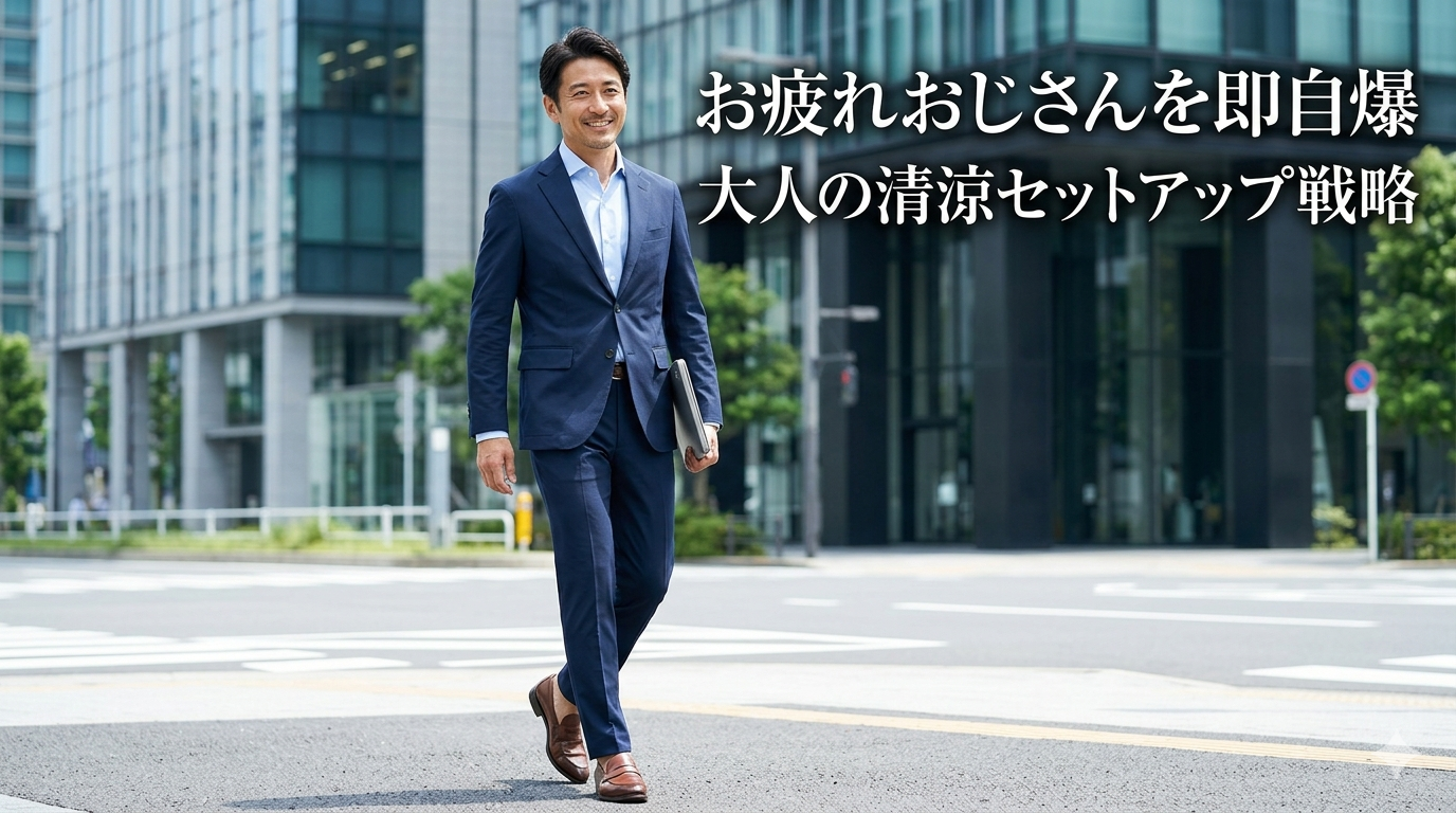 洗練された都会のビジネス街で、驚くほど軽やかで立体的な仕立てのネイビーの機能性セットアップをスマートに着こなし、圧倒的な清潔感と大人の品格を放つ40代のイケオジ男性。大人の機能性セットアップ戦略のイメージ。