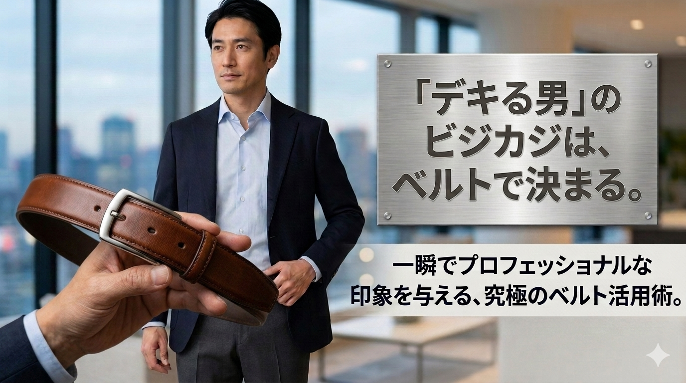洗練された都会のモダンな空間で、無駄な装飾を削ぎ落とした上品な本革ベルトをスマートに締め、圧倒的な清潔感と大人の品格を漂わせる40代のイケオジ男性。大人のベルト戦略のイメージ。