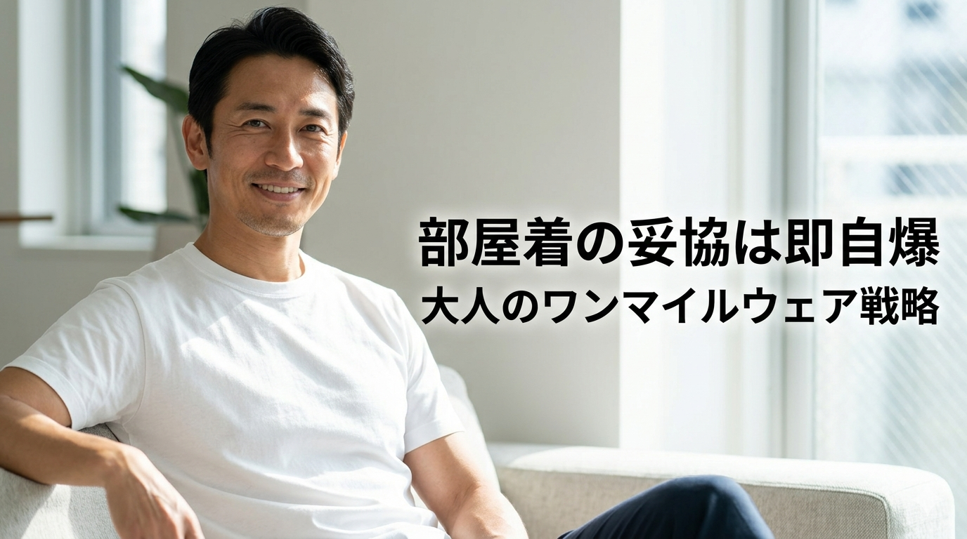 洗練されたモダンスタイルの自宅リビングで、肉厚で美しいハリを持つヘインズの白Tシャツをスマートに着こなし、圧倒的な清潔感と大人の品格を漂わせる40代のイケオジ男性。大人のワンマイルウェア戦略のイメージ。