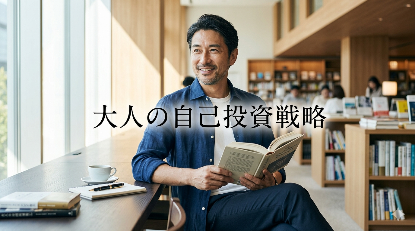 初夏の爽やかな光が差し込む洗練されたホテルのラウンジやモダンな書斎を背景に、だらしなさを1ミリも感じさせない端正なシャツスタイルをスマートにまとい、上質なハードカバーの本を手に持ちながら圧倒的な清潔感と知的な大人の品格を放つ40代のイケオジ男性。大人の自己投資戦略のイメージ。