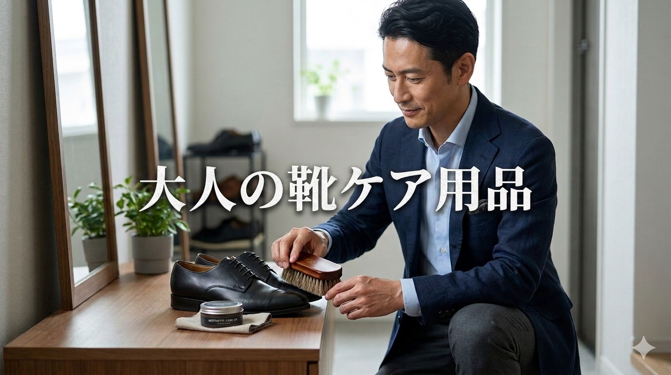 初夏の爽やかな光が降り注ぐモダンな玄関や書斎を背景に、洗練された木目の高級な天然馬毛ブラシと最高峰のレザーケアクリームをデスクにスマートに並べ、愛用の靴を慈しみながら圧倒的な清潔感と知的な大人の品格を放つ40代のイケオジ男性。大人の靴ケア用品戦略のイメージ。