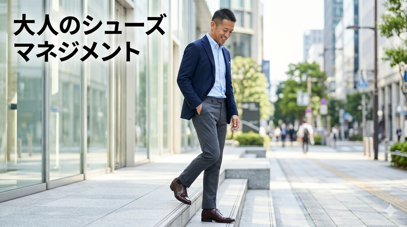 初夏の爽やかな光が降り注ぐ都会の洗練されたモダンな街並みを背景に、カサつきや型崩れが1ミリもない、圧倒的な美しい艶を放つレザーシューズをスマートに履きこなし、圧倒的な清潔感と知的な大人の品格を放つ40代のイケオジ男性。大人の靴手入れ戦略のイメージ。