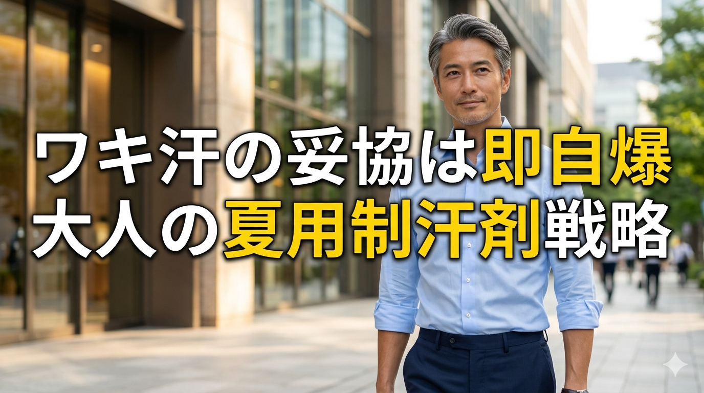 初夏の爽やかな光が降り注ぐ都会のモダンなオフィス街を背景に、汗染みやニオイを1ミリも感じさせない涼しげでクリーンなシャツスタイルをまとい、圧倒的な清潔感と知的な大人の品格を放つ40代のイケオジ男性。大人の夏用制汗剤戦略のイメージ。