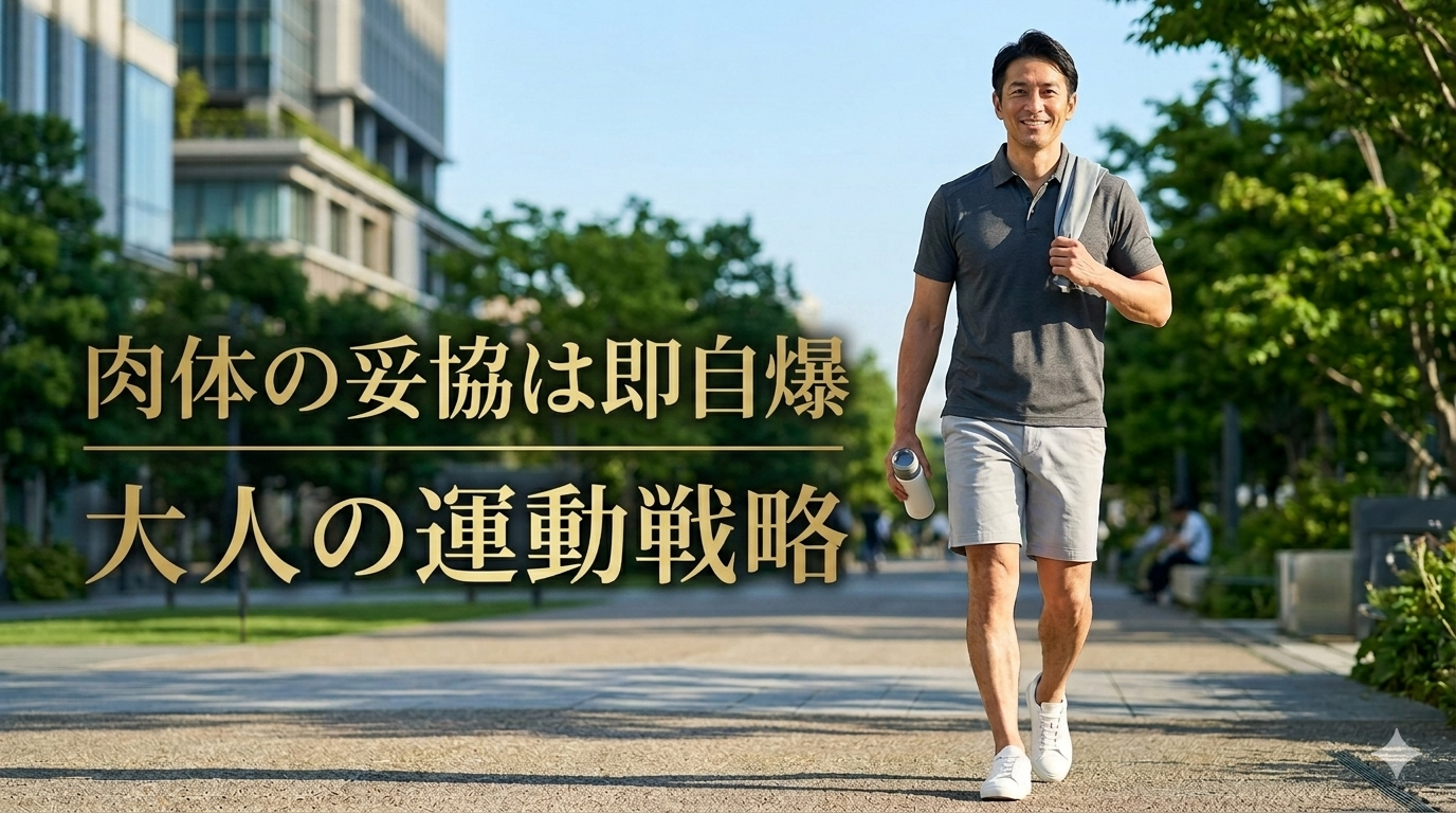 初夏の爽やかな光が降り注ぐ都会のモダンなグリーンパークを背景に、だらしなさを1ミリも感じさせないスタイリッシュで引き締まった佇まいを見せ、圧倒的な清潔感と知的な大人の品格を放ちながら軽快にウォーキングを楽しむ40代のイケオジ男性。大人の運動メリット戦略のイメージ。