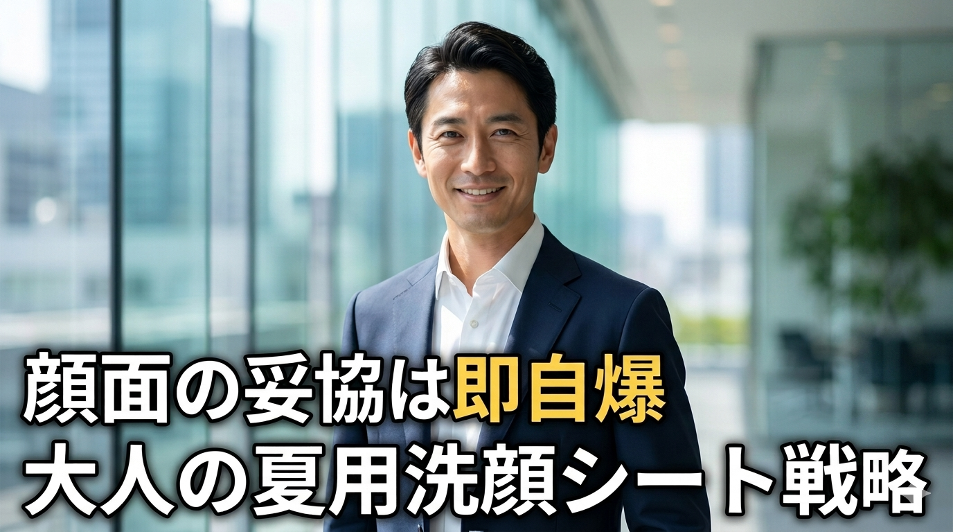 洗練された都会のモダンなオフィス空間で、テカりやベタつきが1ミリもない清潔感あふれるマットな素肌を魅せ、圧倒的な清潔感と知的な大人の品格を放つ40代のイケオジ男性。大人の夏用洗顔シート戦略のイメージ。