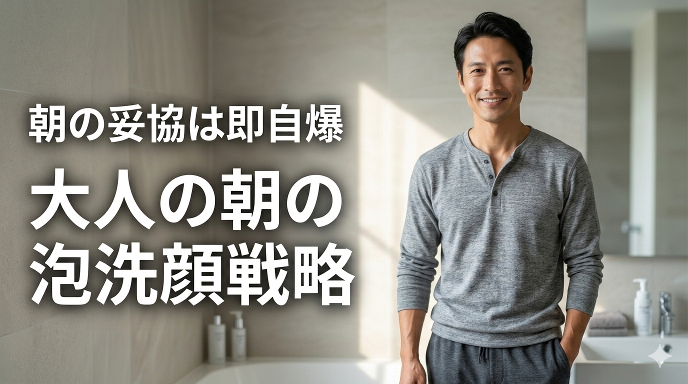洗練された都会のモダンな洗面空間を背景に、ベタつきや毛穴の目立ちが1ミリもない清潔感あふれるマットな素肌を魅せ、圧倒的な清潔感と知的な大人の品格を放つ40代のイケオジ男性。大人の朝の泡洗顔戦略のイメージ。