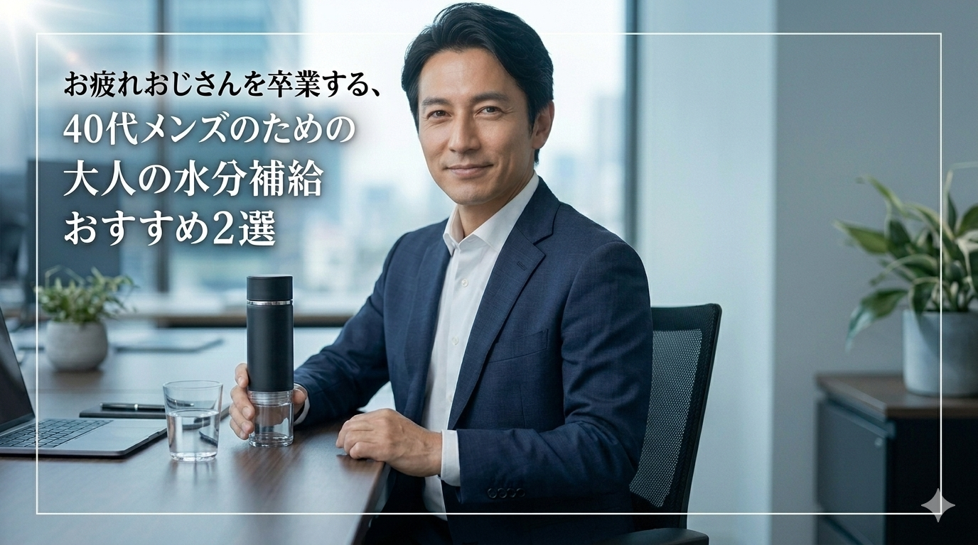 初夏の爽やかな光が降り注ぐモダンなオフィスのデスクを背景に、使い捨てのペットボトルではなく、洗練されたモノトーンのタイムマーカー付きウォーターボトルを傍らに置き、驚くほどクリーンで若々しい素肌で知的な品格を放つ40代のイケオジ男性。大人の水分補給戦略のイメージ。