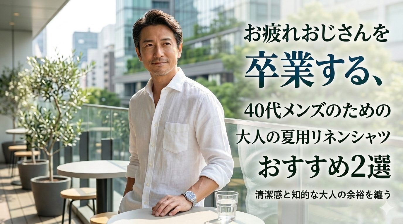 初夏の爽やかな光が降り注ぐ都会のテラス席を背景に、上質なフレンチリネン混の長袖シャツをスマートに腕まくりして着こなし、圧倒的な清潔感と知的な大人の品格を放つ40代のイケオジ男性。大人の夏用リネンシャツ戦略のイメージ。