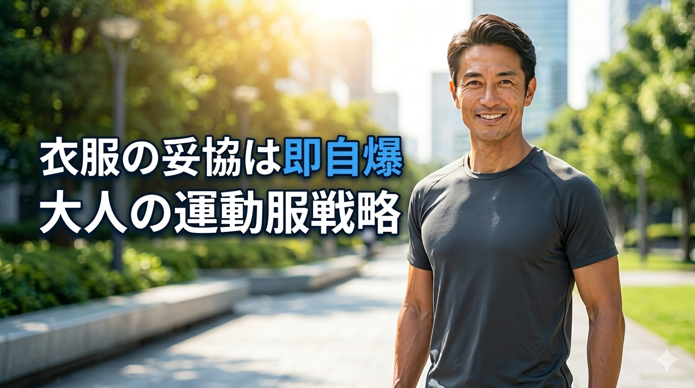 初夏の爽やかな光が降り注ぐ都会の洗練されたモダンな街並みを背景に、汗染みやだらしなさを1ミリも感じさせない、美しく引き締まったモノトーンのスポーツウェアをスマートに着こなし、圧倒的な清潔感と知的な大人の品格を放つ40代のイケオジ男性。大人のスポーツウェア戦略のイメージ。