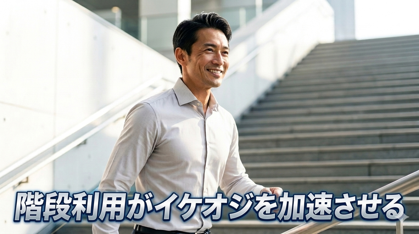 初夏の爽やかな光が降り注ぐ都会の洗練されたモダンなオフィスビルや駅の階段を背景に、だらしなさを1ミリも感じさせないスタイリッシュで引き締まった佇まいを見せ、圧倒的な清潔感と知的な大人の品格を放ちながら軽快に階段を上る40代のイケオジ男性。大人の階段利用戦略のイメージ。