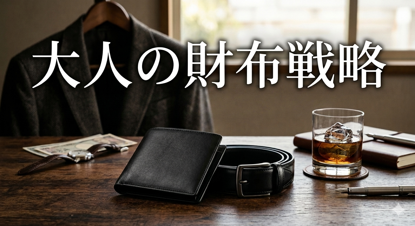 落ち着いた光が差し込む書斎の高級なウッドデスクを背景に、無駄な厚みを極限まで削ぎ落としたスタイリッシュな黒の本革二つ折りミニマルウォレットと、端正に巻かれた上質な黒のレザーベルト。手元と腰回りの品格をプロデュースする大人の財布戦略のイメージ。