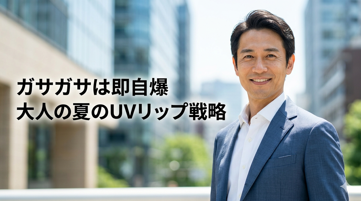 洗練された都会のオフィス街を背景に、テカりのない端正でクリーンな口元でスマートに微笑み、圧倒的な清潔感と大人の品格を放つ40代のイケオジ男性。大人の夏のUVリップ戦略のイメージ。
