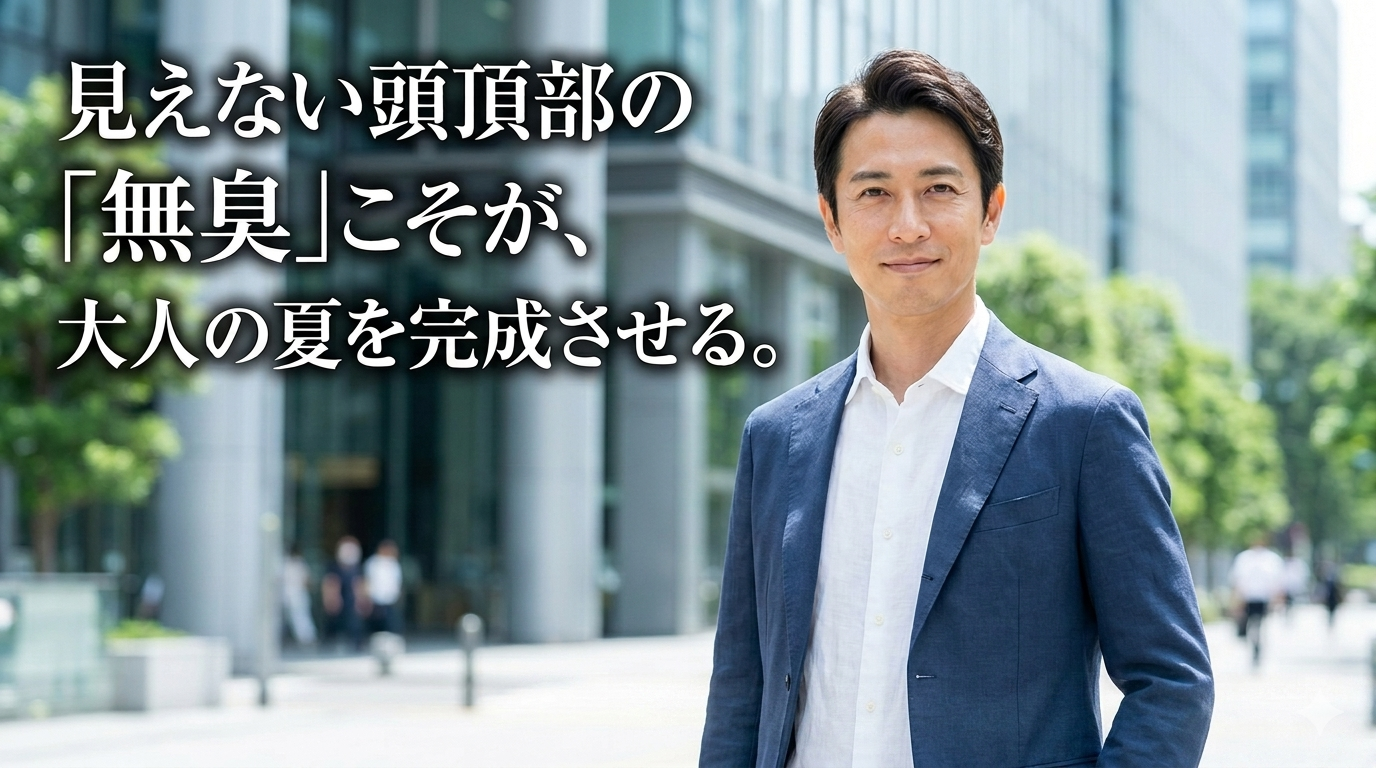 洗練された都会のビジネス街を背景に、ベタつきのないふんわりと立ち上がった清潔な髪型をまとい、圧倒的なクリーンさと大人の品格を放つ40代のイケオジ男性。大人の夏の頭皮クリア戦略のイメージ。